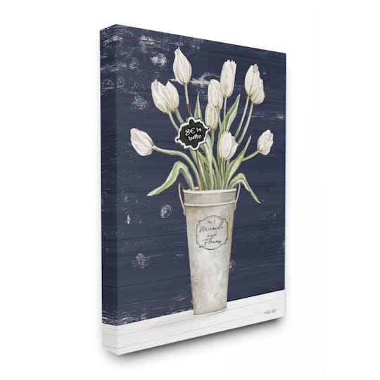 Stupell Industries Charming White Tulip Bouquet over Rustic Blue Canvas Wall Art